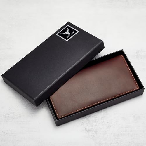 Image of HISCOW Full Grain Leather Men's Long Wallet, 15 Card Slots, Aniline Coffee | Gusseted bill compartment, tall bifold design, clear ID window, ideal for coat pockets or briefcases, turned-edge, gift box
