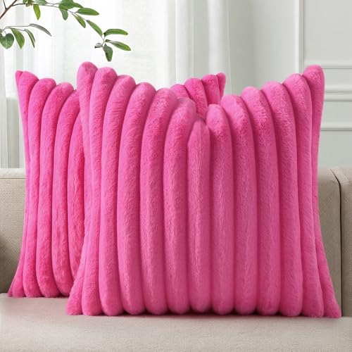 Pallene Faux Fur Plush Throw Pillow Covers 16x16 Set of 2, Luxury Soft Fluffy Striped Decorative Pillow Covers for Sofa, Couch, Living Room, Hot Pink