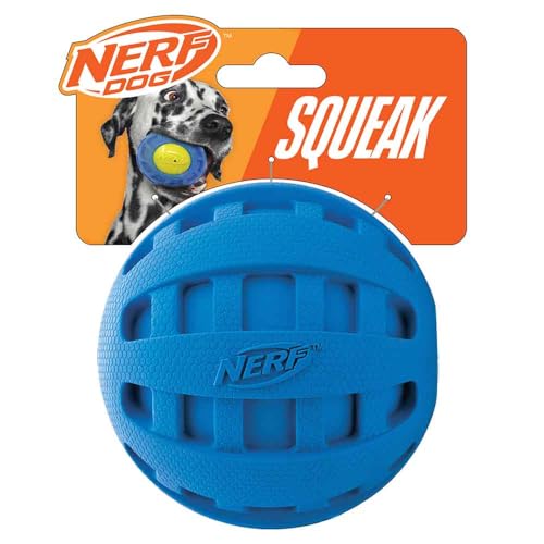 Nerf Dog Rubber Ball Dog Toy with Checkered Squeaker, Lightweight, Durable and Water Resistant, 4 Inch Diameter for Medium/Large Breeds, Single Unit, Blue