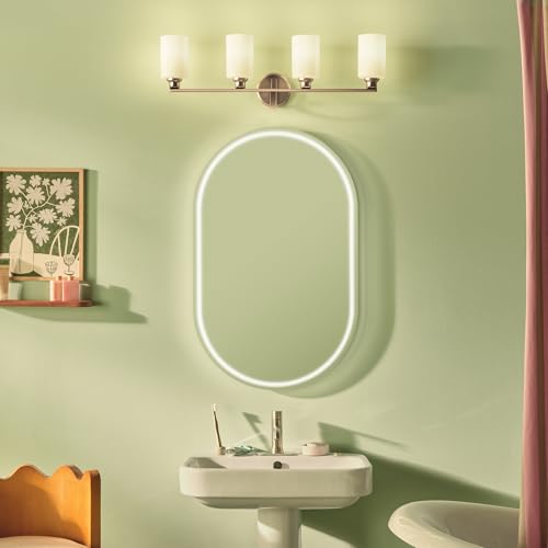 Image of Kichler Gioe 4-Light Vanity Light Fixture with Opal Glass in Champagne Bronze, Wall Mounted Bathroom Light for Mirror, Damp Rated (32.25 inch x 10.5 inch x 6.75 inch), 55227CPZ