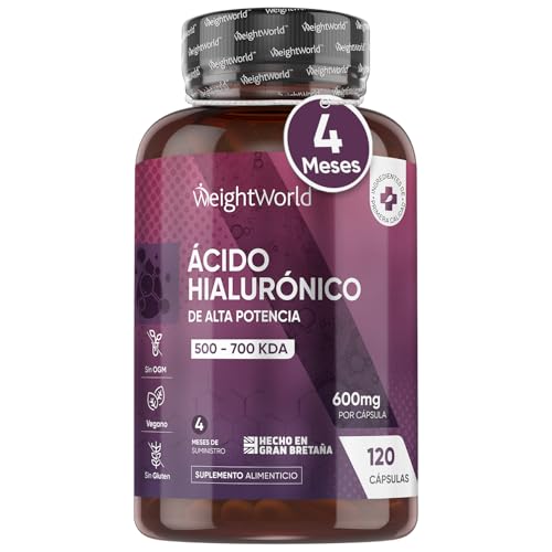Ácido Hialurónico 600mg de Concentración 120 Cápsulas Veganas - Alta Potencia de 500-700 KDA por Porción, Natural, Sin OGM, Sin Químicos, Sin Gluten, Sin Lactosa para 4 Meses de Suministro