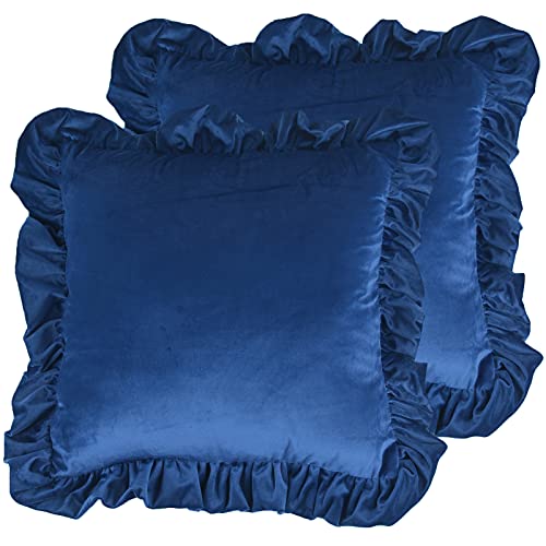 Jemiipee Velvet Ruffle Throw Pillow Covers Couch, Set of 2 Decorative Pillowcases with Ruffles 18x18 Inch Solid Color Shabby Chic Farmhouse Cushion Cover for Living Room Sofa Bed, Navy Blue