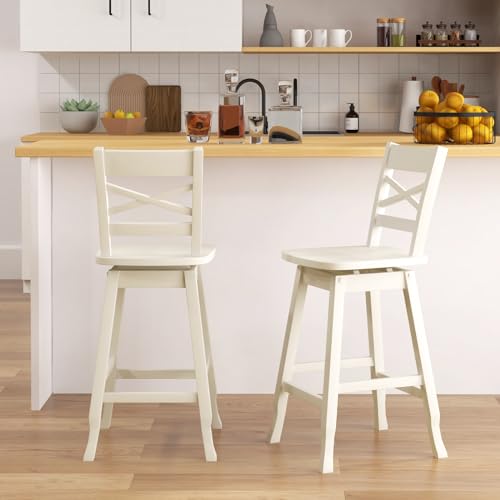 COSTWAY Butaco Altura de Mostrador 24 Pulgadas Juego de 2, Silla de Bar Giratoria de Madera de Caucho con Respaldo Inclinado, Asiento Curvado y Reposapiés, Silla de Barra para Isla de Cocina y Pub (2, Crema) miniatura 2