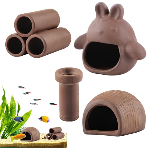Editbar Aquarium Keramik Versteck, 4 Stück Garnelen Höhle Aquarium Deko, Wassertiere Höhle, Welshöhle, Ton Fish Tank Zubehör, Garnelen Zubehör(Katze, Haus, Dreilochrohr, Faden Tonröhre)