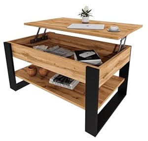 möbelkap Couchtisch mit anhebbarer Platte | Höhenverstellbarer Wohnzimmertisch mit Stauraum | Sofatisch Eiche Wotan Schwarz modern mit Ablage & verstecktem Fach – Coffee Table für Wohnzimmer & Büro