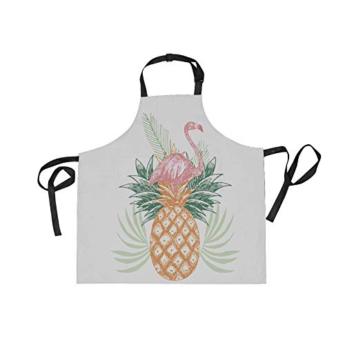 Apron With 2 Pockets For Women Men Vintage Pink Flamingo On Pineapple Adjustable Garden Bib #TOP17