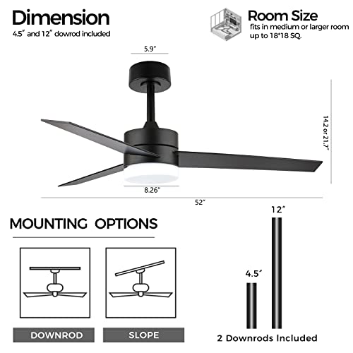 Wingbo 52" Dc Ceiling Fan With Lights And Remote Control, Matte Black Ceiling Fan, 3 Plywood Blades, 6 Reversible Speeds, Quite Dc Motor, Modern Ceiling Fan For Kitchen Bedroom Living Room, Etl Listed #TOP1