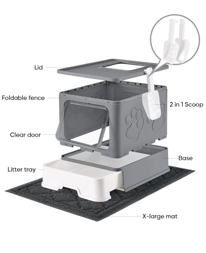 Image of Medario Cat Litter Box with X-Large Litter Mat and Scoop, Large Covered Litter Box with Lid, Enclosed Kitty Box,Front Top Entry Exit, Odor Control Easy to Clean (Upgrade Dark Grey)