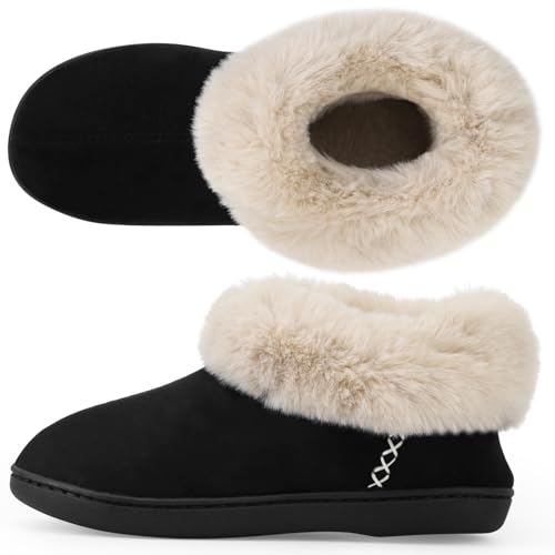 Women’s Warm Winter Bootie Slippers, Microsuede Memory Foam House Shoes for Indoor/Outdoor