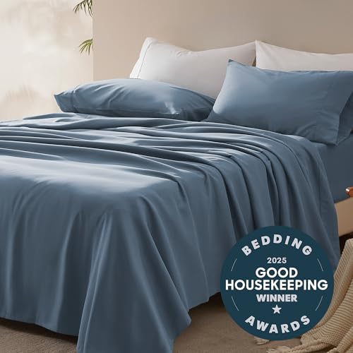 SLEEP ZONE Nanotex Super Soft Cooling Queen Bed Sheets Set 4 Piece - Easy Care Fitted Flat Sheet & Pillowcase Sets - Wrinkle Free, Fade Resistant, Deep Pocket 16" (Flint Blue, Queen)