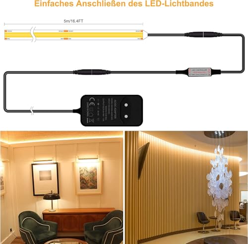 TTWAY COB LED Streifen 5M, Dimmbare LED Strip Warmweiss 3000K, 24V LED Streifen Licht, 480LEDs/M, CRI92, 8mm Breite, mit Fernbedienung und Netzteil für DIY Heimdekoration, Küche, Spiegel.