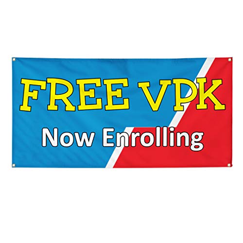 Vinyl Banner Multiple Sizes Free Vpk Now Enrolling Advertising Printing Education Outdoor Weatherproof Industrial Yard Signs Blue 6 Grommets 36x72Inches