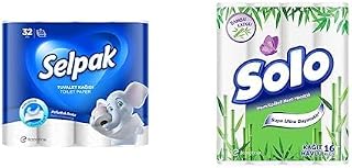 Selpak Tuvalet Kağıdı, 32'li, 1 Paket (1 x 32 Adet), 2.83 kg + Solo Kağıt Havlu Bambu Katkılı 16'lı