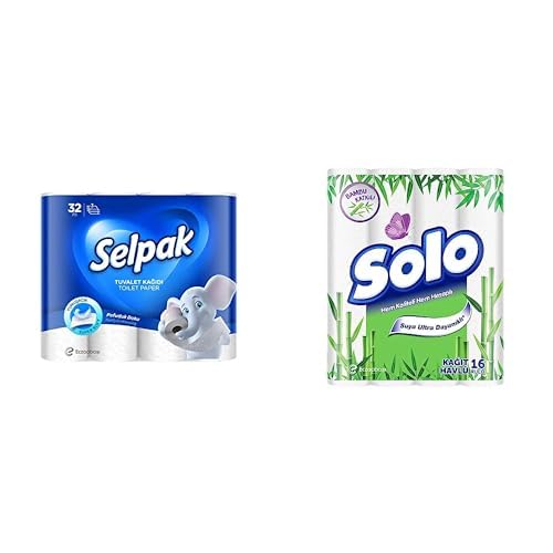 Selpak Tuvalet Kağıdı, 32'li, 1 Paket (1 x 32 Adet), 2.83 kg + Solo Kağıt Havlu Bambu Katkılı 16'lı