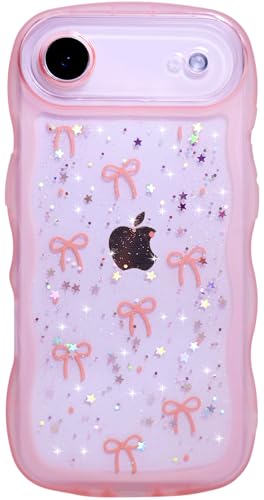 Qokey for iPhone 17 Air Case, Glitter Star & Curved Edge Handle Grip Design, Military-Grade Shockproof Transparent TPU Cover, Sparkle Protection Scratch-Resistant, Holographic Pink Bow - image 1