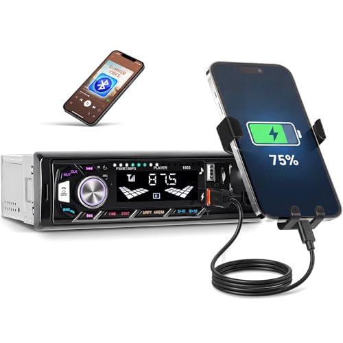 OiLiehu 1Din Autoradio Bluetooth Freisprecheinrichtung, 1Din Radio mit FM Radio, MP3 Player unterstützt AUX-Eingang/USB Wiedergabe/Aufladen/TF-Anschluss, mit Handyhalterung