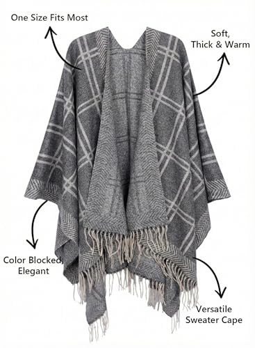 Image of Bestshe Women's Boho Open Front Poncho Plaid Shawl Wrap Cape | Tassel Cardigan Sweater, Cozy Layering, Fall Winter Clothes for Women