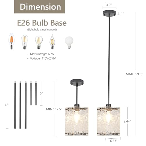 Image of Water Ripple Glass Pendant Lights Kitchen Island, Black, 2 Pack