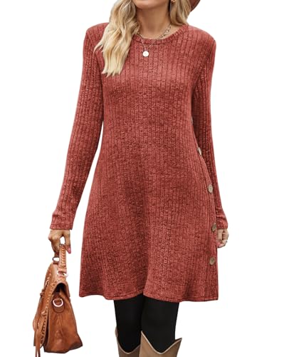 Image of OFEEFAN Long Sleeve Dress for Women Crew Neck Fall and Winter Tunic Dress with Pockets