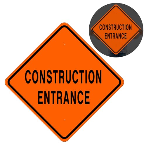 MorningRo 24 x 24 Inch Construction Entrance Sign Aluminum Construction Site Signs for Hazard Area Engineer Grade Reflective Material Single Sided Entrance Sign Black and Orange