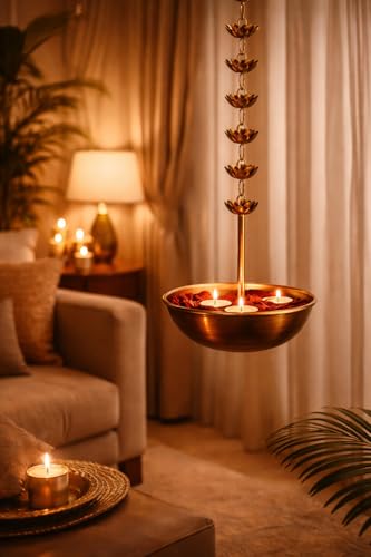 Hanging Urli Bowl for Home Decor Brass Finish Metal Lotus Chain Tealight/Diya Holder 7 Inch Bowl Indian Festive Door Entrance Mandir Pooja Decor for Diwali Wedding Housewarming (Pack of 1)