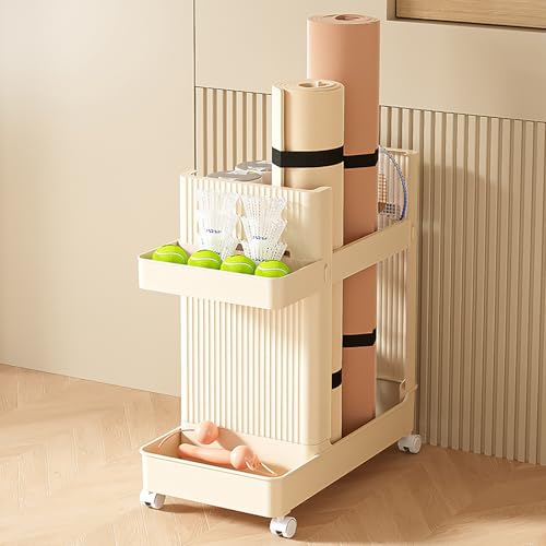 JAYGOVAN Yoga Mat Storage Rack Home Gym Equipment Workout Equipment Organizer Yoga Mat Holder for Dumbbell,Kettlebell,Foam Roller Women Men Fitness Exercise Equipment Organization with Wheels(Yellow)