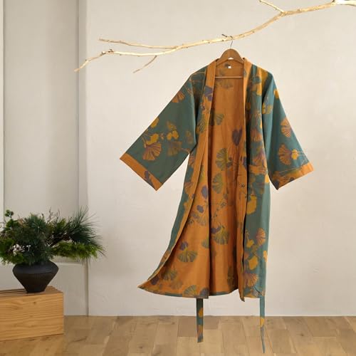 100% Cotton Gauze Ginkgo Leaf Kimono Robe, Long Knit Loose Bathrobe Nightgown Ladies Loungewear Sleepwear for Women2