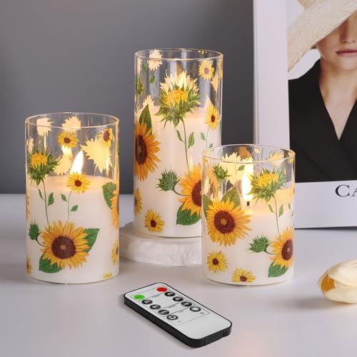 Image of Sunflower Glass Flameless Pillar Candles with Remote, Flickering LED Battery Candles Summer Home Decor Set of 3