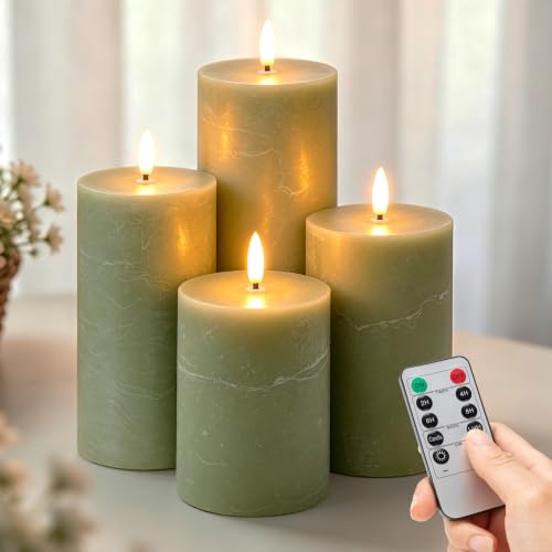 Image of Olive Green Flameless Pillar Candles, Real Wax LED Candles with Remote & Timer, Battery Operated Decorative Candles for Aesthetic Home Decor, Set of 4