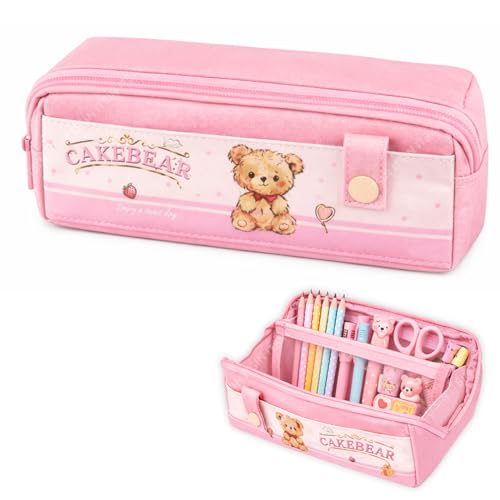 Image of Large Capacity Pencil Pouch Aesthetic Pencil Bag Multiple Compartments Girl Cute Stationery School College Pouch Travel Pouch for Girls Kids School Accessories (Pink Cakebear)