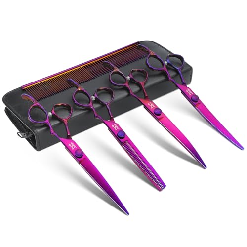 JASON Dog Grooming Scissors Set - Professional 6 in 1 Dog Shears Kit - 6.5" Thinning, 7" Straight, 7" Up-Curved, 7" Down-curved Scissors and Comb for Cat Pet with Adjustable Screw (Purple) Gift