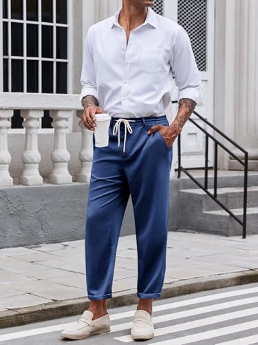PASLTER Mens Casual Cropped Pants Drawstring Elastic Waist Lightweight Tapered Dress Pants4