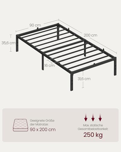 VASAGLE Einzelbettgestell, Bett, 90 x 200 cm, Metallbett, Bettrahmen, Unterbettaufbewahrung, modern, Gästebett, einfacher Aufbau, tintenschwarz RMB132B01 – Bild 7