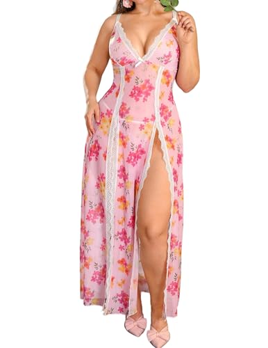 Image of Alrovetoney Plus Size Lingerie For Women Babydoll Sexy Mesh Maxi Nightdress Exotic Sleepwear Side Slits