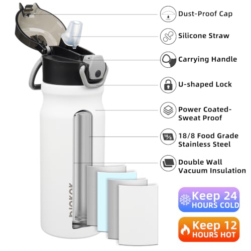 Image of BJPKPK 18 oz Water Bottle with Straw & Handle, Insulated Stainless Flask | Leak Proof Locking Lid, Thermal, Double Wall Vacuum, Keeps Hot /Cold, BPA Free, Dishwasher Safe, Travel & Sports, White