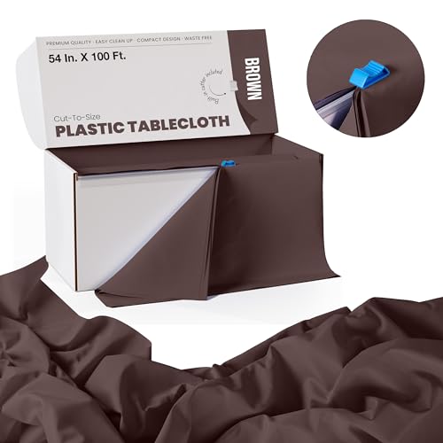 Image of Exquisite Party Solids 54 Inch X 100 Feet Brown Plastic Table Cover Roll in A Cut - to - Size Box with Convenient Slide Cutter. Cuts Up to 12 Rectangle 8 Feet Plastic Disposable Tablecloths