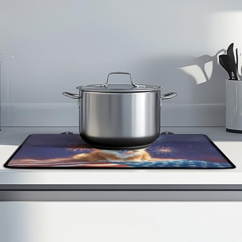Image of Poceacles Stove Top Cover for Ceramic Glass Stove Cover America 250th Anniversary Decor Oven Cooktop Mat Protector for 4th of July, Cartoon Cat American Flag Fireworks Print