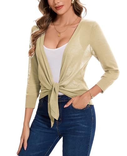 MINTLIMIT Summer Cardigans for Women UK Open Front 3/4 Sleeve Shrug Bolero Linen Sweater (Beige M)