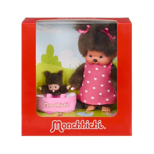 Sekiguchi 204076   Monchhichi Original niña con Vestido Rosa con Corazones y Bebichhichi en Cuna, Peluche de Aproximadamente 20 cm de Altura Fabricado en Felpa marrón