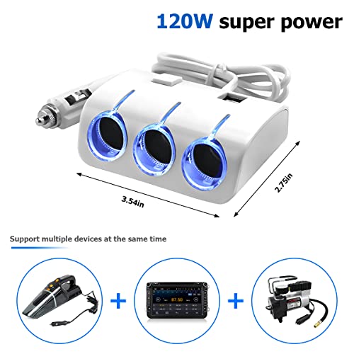 Moioee Car Cigarette Lighter Adapter, 12V/24V 3 Socket Power Splitter, Cigarette Lighter Adapter With 2 Usb Ports, Multifunctional Auto Charger, Led Indicator & Independent Switch For Usb (White) #TOP1