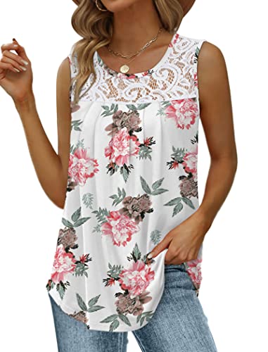 Image of Saloogoe Summer Tank Tops for Women Loose Fit Pleated Tunics Scoop Neck Sleeveless Lace Tops Curved Hem Flowy