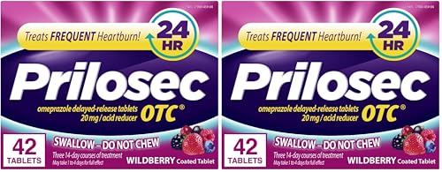Prilosec OTC, Omeprazole Delayed Release 20mg, Acid Reducer, Treats Frequent Heartburn for 24 Hour Relief, All Day, All Night*, 20mg, Wildberry Flavor, 42 Tablets (Pack of 2)