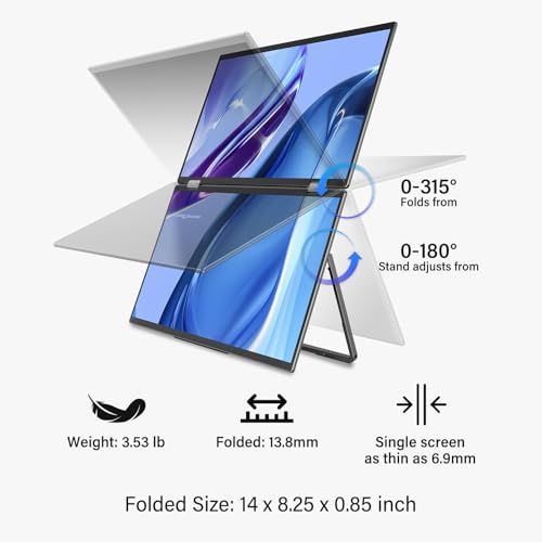 Image of InnoView Portable Dual Monitor 15.6 inch 3840x2160P 4K 100% sRGB | Owl Eye Vision - Foldable Design with 315 Screen Adjustment, 180 Stand | DP /USB-C /HDMI, Dual Screen Extender for Laptop, Mac, Windows