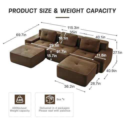 Image of 117 inch U-Shaped 3-Seater Modular Boneless Couch with 2 Ottomans, Cozy Corduroy Upholstery, Deep Seat Cloud sectional Sofa, No Assembly Anti-Slip Stable Design, Brown
