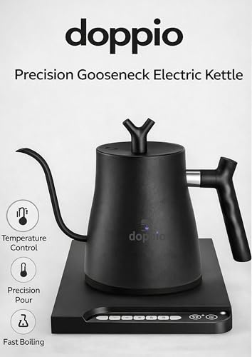 Image of DOPPIO Precision Gooseneck Electric Kettle with Temperature Control Base - 1L Rapid Boil Pour Over Coffee & Tea Maker, 304 Stainless Steel, Matte Black