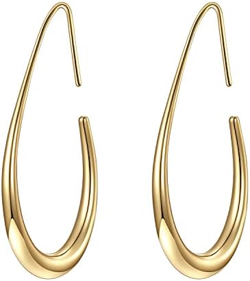 Lightweight Teardrop Hoop Earrings for Women - 14k Gold/White Gold Plated Large Oval Pull Through Hoop Earrings High Polished Statement Jewelry Gift for Women(gold 30 * 18)