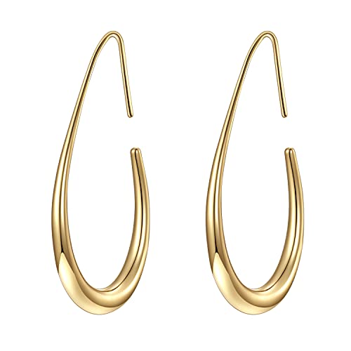 Lightweight Teardrop Hoop Earrings for Women – 14k Gold/White Gold Plated Large Oval Pull Through Hoop Earrings High Polished Statement Jewelry Gift for Women