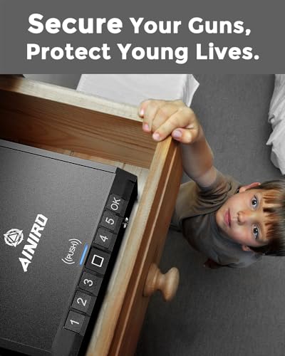 AINIRO Gun Safe for Pistols - Biometric Safe for Handgun with Fireproof Document Bag, Quick-Access Gun Lock with Fingerprint Identification or Key Pad, Firearm Storage Home Bedside Nightstand Car