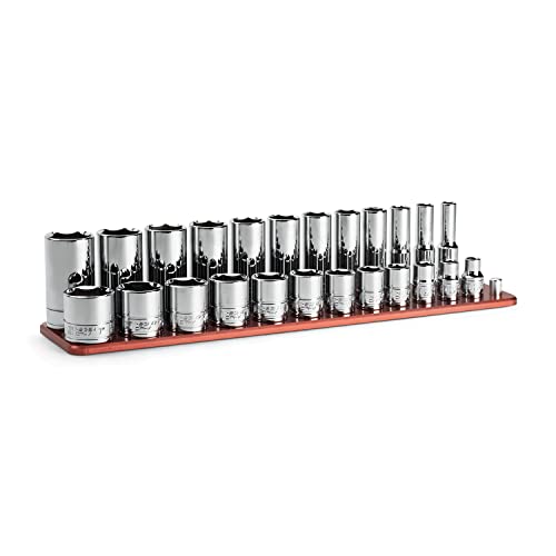Image of Capri Tools 3 /8 in. Drive Shallow and Deep Chrome Socket Set, 6-Point, 5 /16 to 1 in., 24-Piece with Billet Aluminum Socket Rail