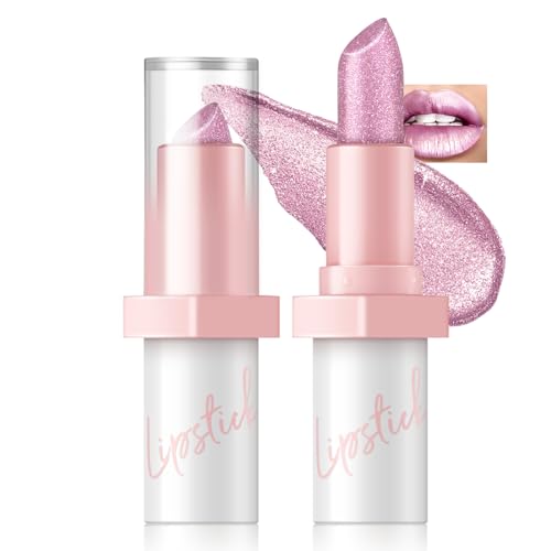 Noerrors Metallisches Pink Frost Glitzer Lippenstift, Hochglanz Lippenfarbe mit hoher Wirkung, Übertragungsfester cremiger Nude-Lippenstift Schimmernder nicht haftender Becher Lippen-Make-up